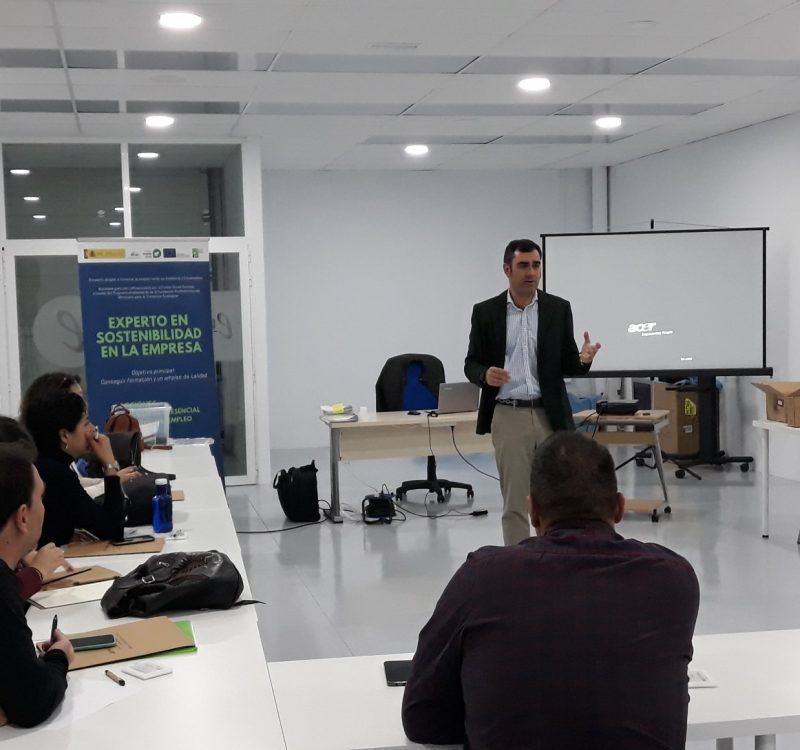 Grupo de profesionales participando en una dinámica práctica sobre sostenibilidad empresarial y criterios ESG.